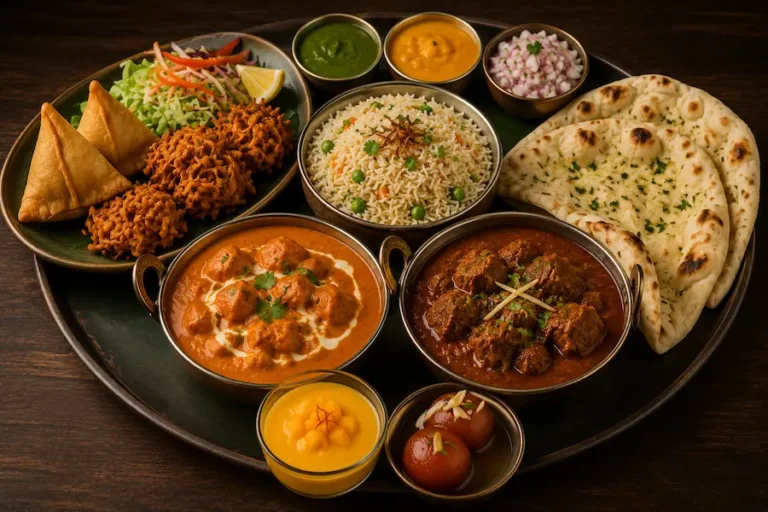 Traditional Indian feast set menu with vegetable samosas, onion bhaji, mint chutney, mango chutney, butter chicken, beef rogan josh, pilau rice, naan bread, mango lassi and gulab jamun