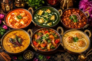 A luxury selection of vegetarian Indian curries including paneer butter masala, palak paneer, chana masala, dal tadka, vegetable jalfrezi, and malai kofta, beautifully presented in traditional serving bowls for a private chef dining experience.
