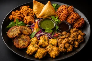 Luxury vegetarian starters platter featuring vegetable samosas, onion bhajis, paneer pakora, mushroom pakora, aloo tikki, and assorted chutneys, beautifully presented for a private dining experience.