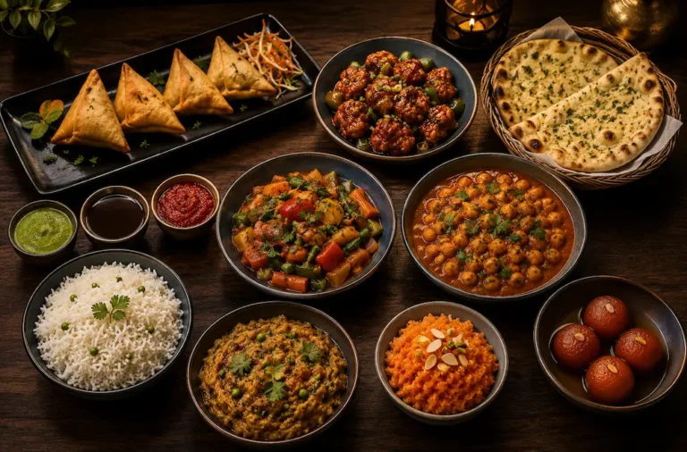 Vegetarian and vegan menu featuring Vegetable Samosas, Gobi Manchurian, Vegetable Jalfrezi, Chana Masala, Baingan Bharta, Basmati rice, Garlic Naan, homemade chutneys, Gajar Halwa, and Gulab Jamun presented in a luxury private chef dining style.