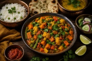 Colourful vegetarian and vegan menu prepared by a private chef featuring fresh vegetables, rice, naan, and plant-based dishes.