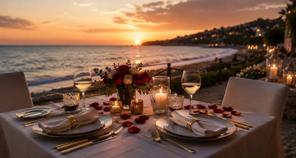 Romantic anniversary dinner setup by a private chef featuring elegant Indian and South Asian dining on a seaside terrace at sunset in Spain
