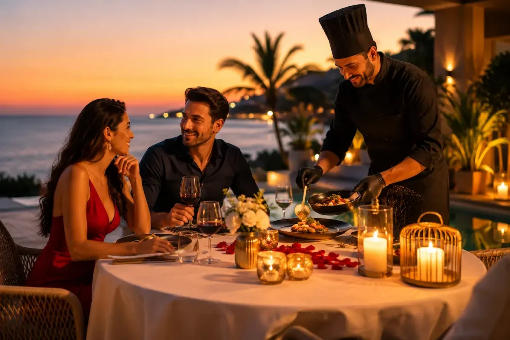 Couple enjoying a romantic anniversary dinner while a private chef serves a luxury meal on a seaside villa terrace at sunset in Spain