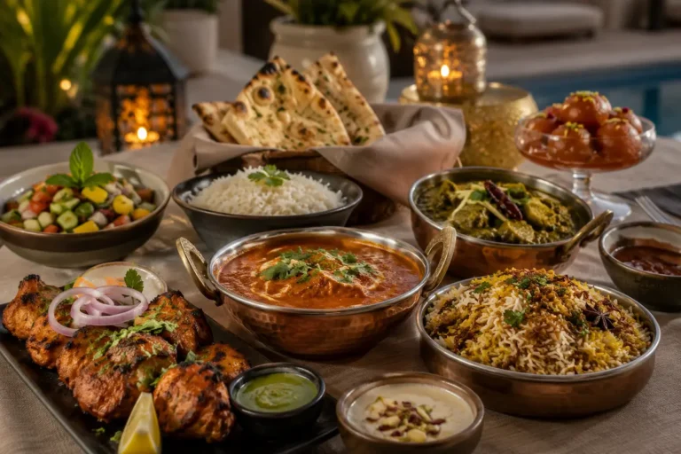 Authentic Indian and South Asian private chef menu featuring tandoori starters, curry, basmati rice, naan bread, fresh salad, chutneys, and dessert at a holiday villa in Mijas.