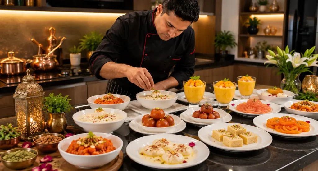 South Asian private chef serving authentic Indian cuisine during a luxury private dinner party with European guests at a villa in Spain.