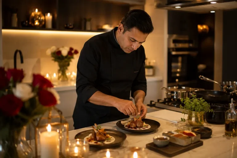 Indian private chef preparing an elegant romantic dinner in a luxury home setting with candlelight ambiance and personalised private dining service.
