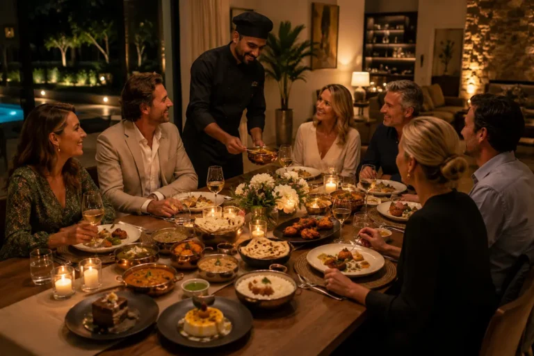 Private chef preparing authentic South Asian cuisine for a family gathering at a luxury home in Spain