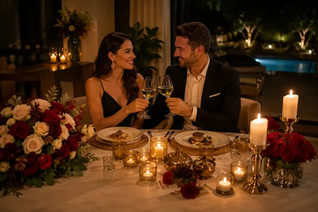 Couple enjoying a luxury romantic private dining experience with candlelight ambiance, elegant table decoration, and personalised chef service at home.