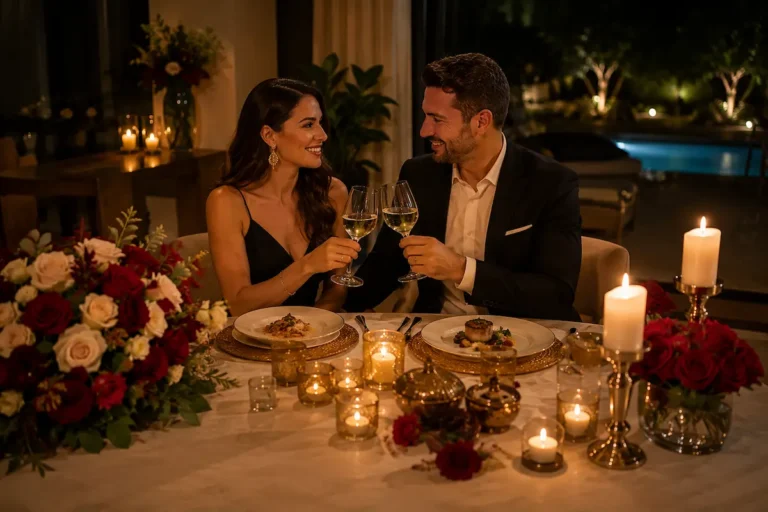 Couple enjoying a luxury romantic private dining experience with candlelight ambiance, elegant table decoration, and personalised chef service at home.