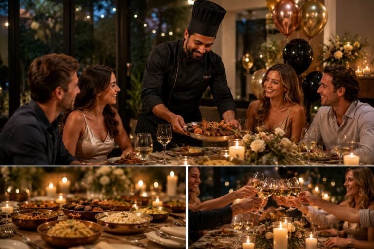 Private chef serving authentic South Asian cuisine during a luxury birthday celebration at home in Spain