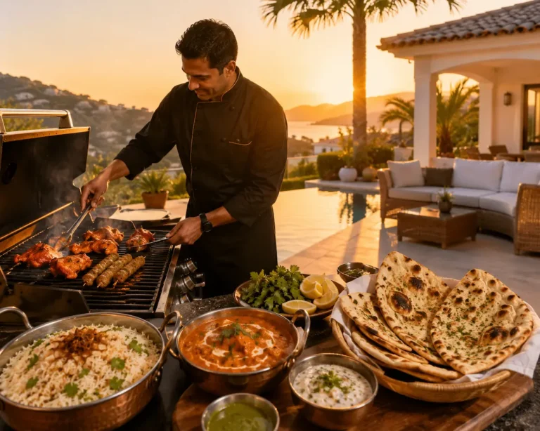 Private chef preparing tandoori chicken, seekh kebabs, naan, curry, and rice during a luxury holiday villa dining experience in Spain