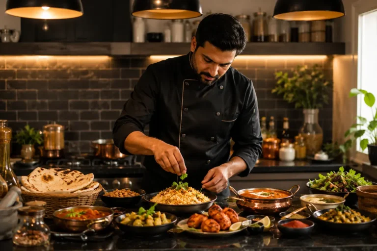 Professional private chef preparing authentic Indian and South Asian cuisine using fresh ingredients in a modern home kitchen.