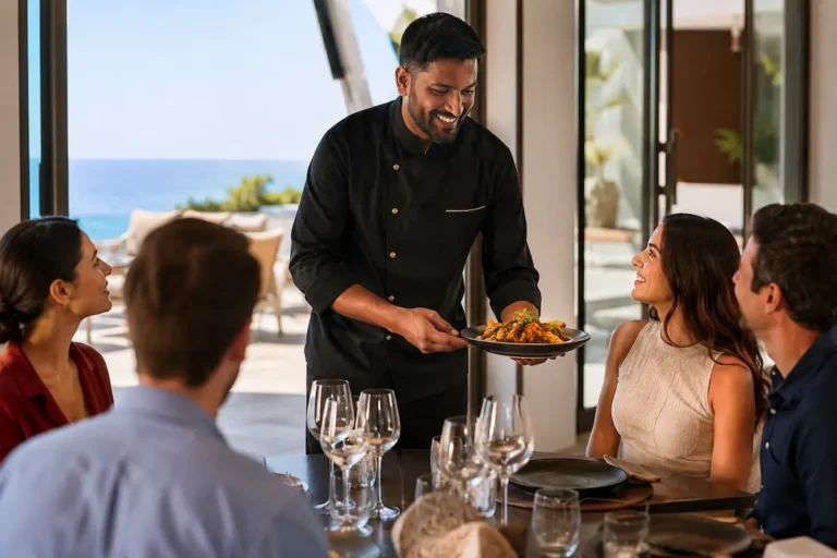 Chef Afzal serving guests during a luxury private dining experience at a private villa in Marbella.