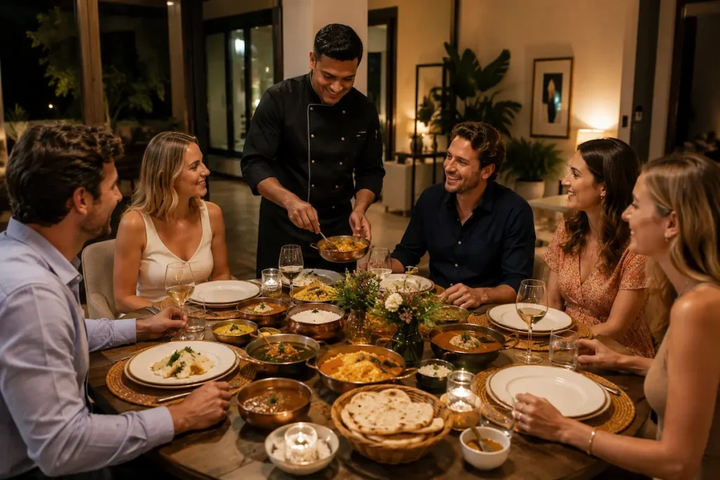Private chef serving authentic Indian cuisine to guests during a luxury small gathering dining experience at a private home in Spain