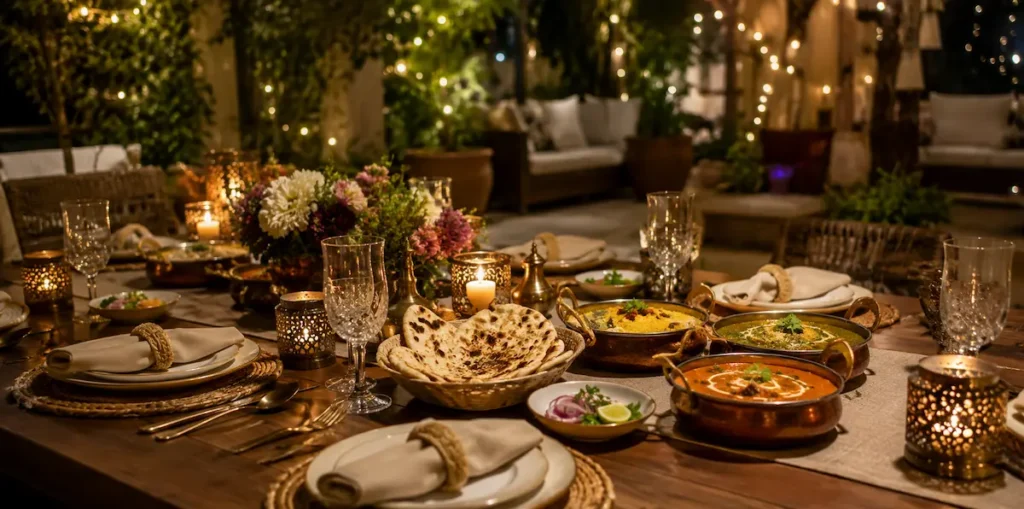 Luxury private chef dining experience for small gatherings featuring authentic Indian and South Asian cuisine in an elegant outdoor setting in Spain