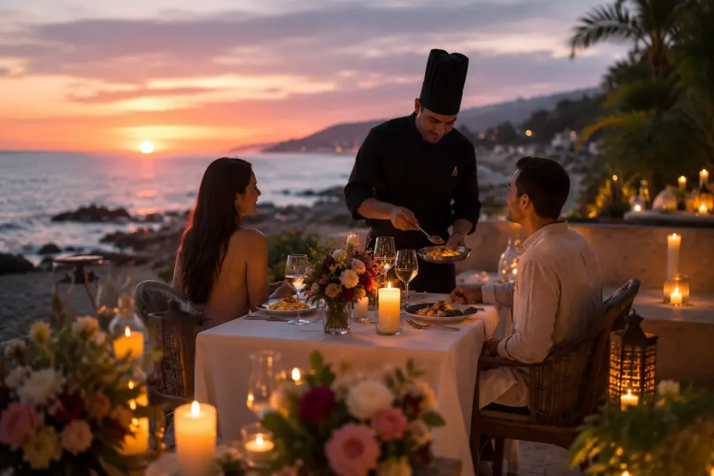 Private chef serving a romantic candlelit dinner for a couple by the sea at sunset, featuring a luxury private dining experience.