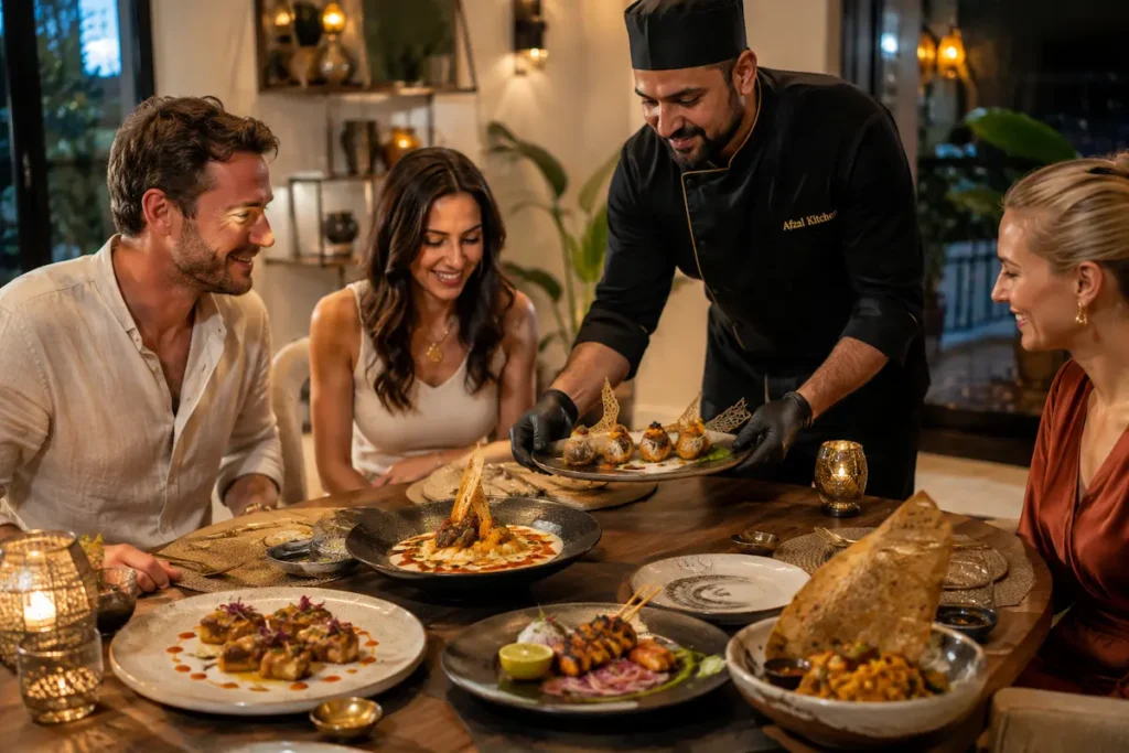 Chef Afzal serving a carefully prepared South Asian set menu featuring authentic Indian, Pakistani, Bangladeshi and Nepali cuisine to guests during a private dining experience in Alicante and Sant Joan d'Alacant