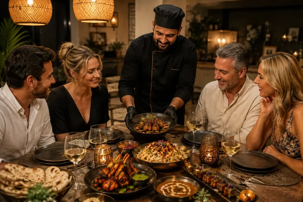 Chef Afzal serving a chef-curated set menu of modern Indian cuisine to guests during a private dining experience in Granada and Nerja.