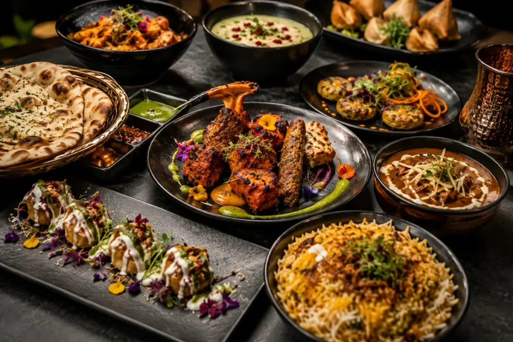 A personalised selection of modern Indian dishes, including starters, curries, tandoori specialities, biryani, naan and desserts, prepared by Chef Afzal for a private dining experience in Granada and Nerja.