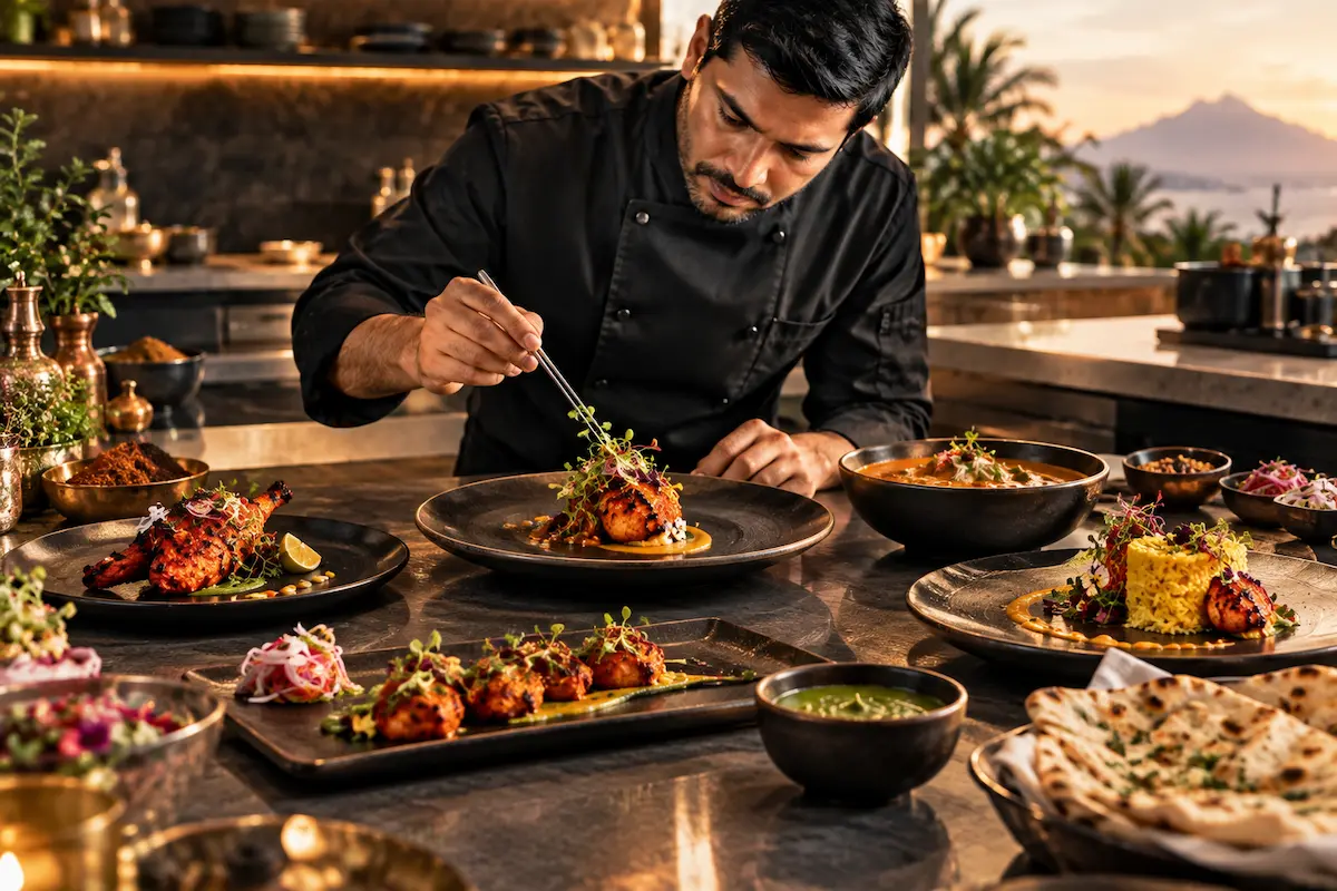 Private chef plating an Indian-inspired dish with minimalist Japanese-style presentation