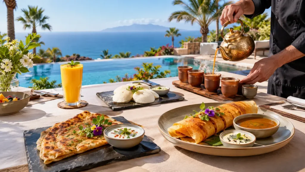 Private chef pouring masala chai at a South Asian breakfast with aloo paratha and dosa on a villa terrace in Tenerife