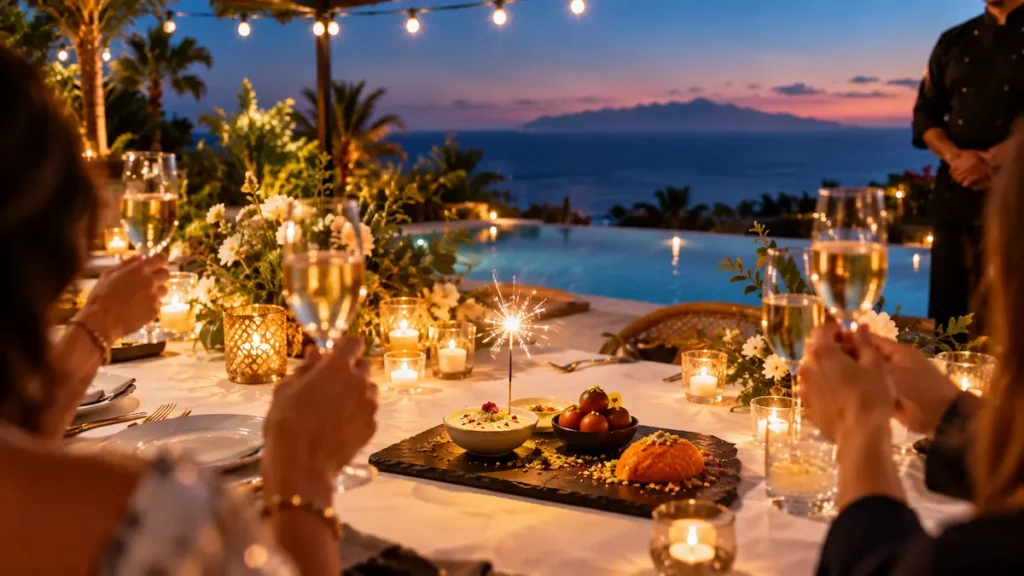 Private chef celebration dinner on a villa terrace in Tenerife at sunset, with candles, a pool and La Gomera in the distance