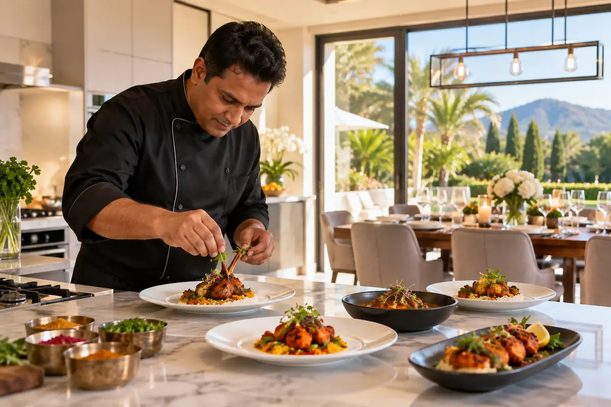 Private chef preparing Indian tandoori dishes in a villa kitchen in Spain