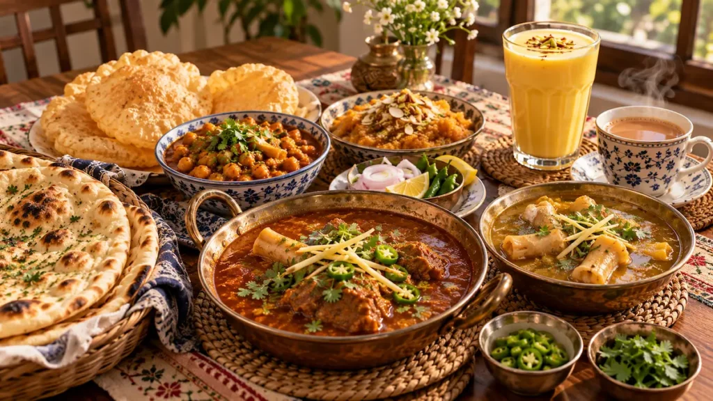 Pakistani breakfast of nihari, paya, halwa puri and chana with naan, doodh patti chai and sweet lassi, cooked by a private chef
