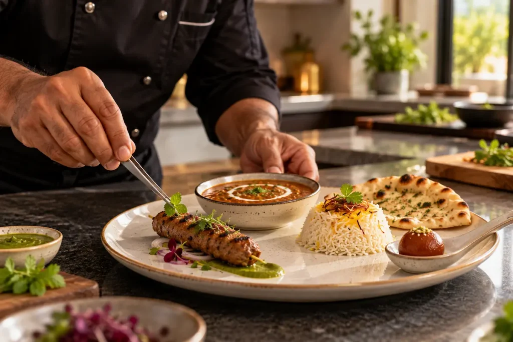Private chef plating a small seekh kebab, dal, rice, naan and gulab jamun from the full menu in a Gran Canaria villa kitchen
