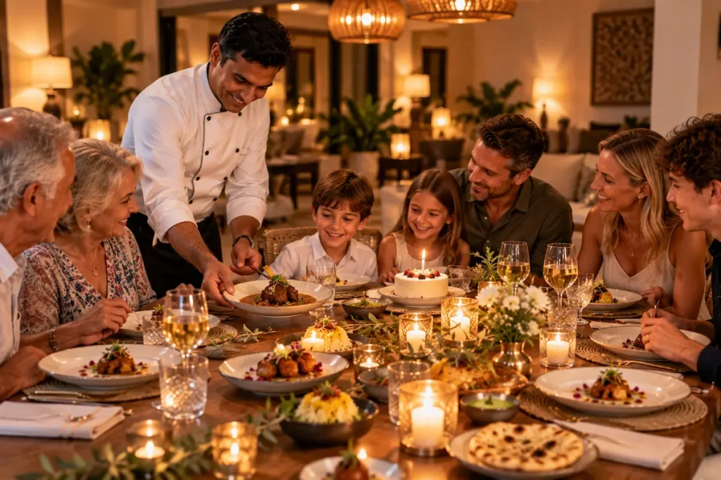 Private chef serving a celebration dinner to three generations of a family in a Gran Canaria villa dining room