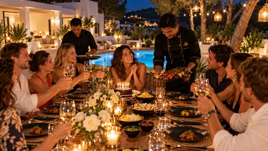 Private chef serving a birthday dinner to friends in an Ibiza villa garden at night