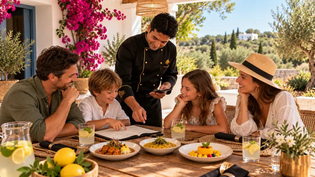 Family choosing dishes for their own menu with a private chef on an Ibiza finca porch