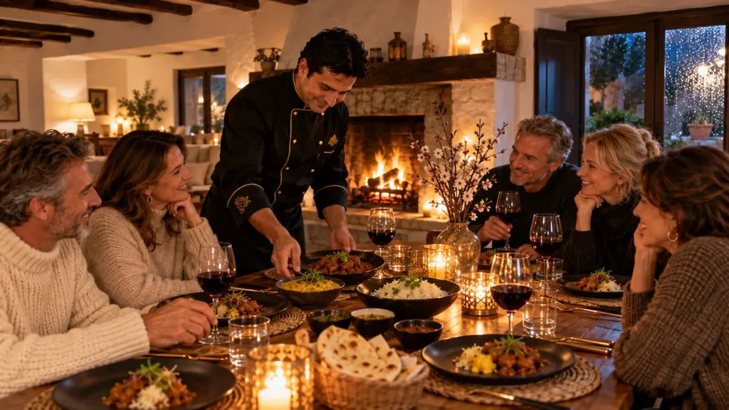 Private chef serving a winter dinner party for residents at a country home in Ibiza