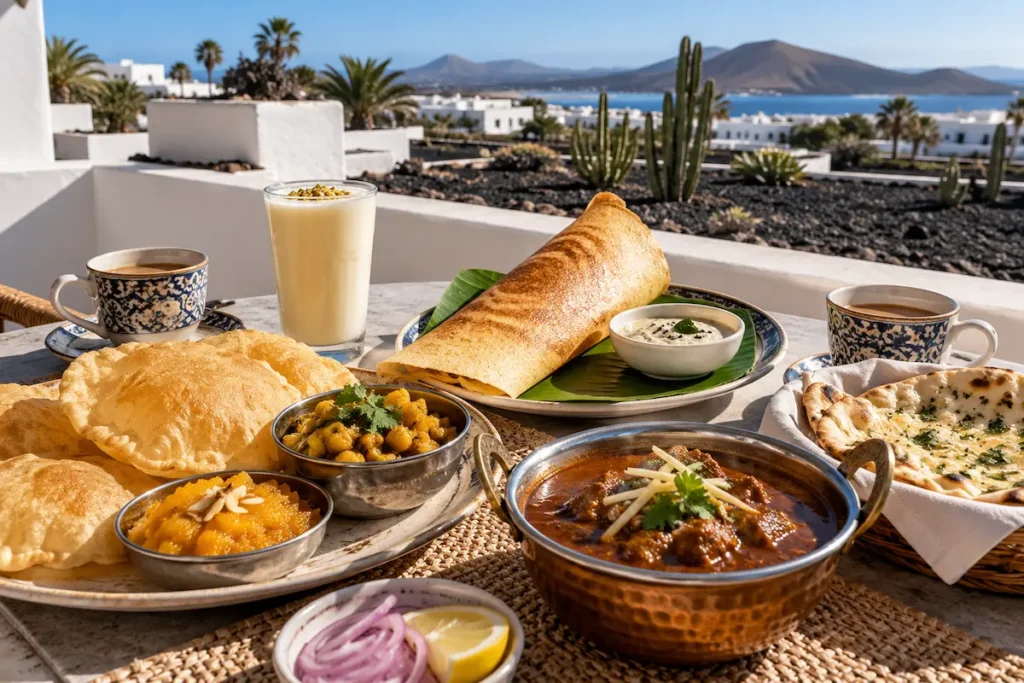 South Asian breakfast of halwa puri, masala dosa, nihari and chai served by a private chef on a villa terrace in Lanzarote