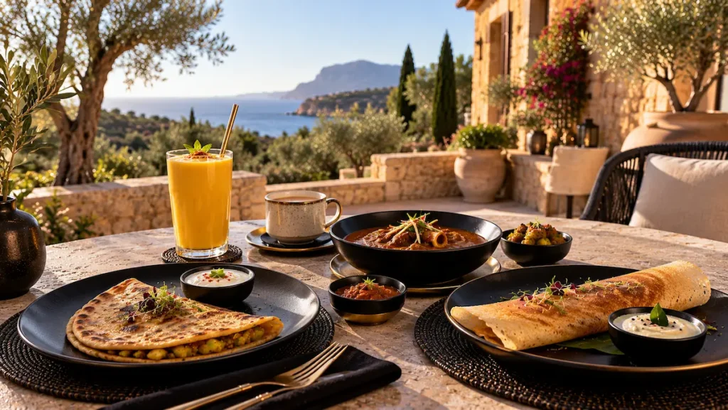 South Asian breakfast with paratha, dosa, chai and mango lassi on a finca terrace in Mallorca