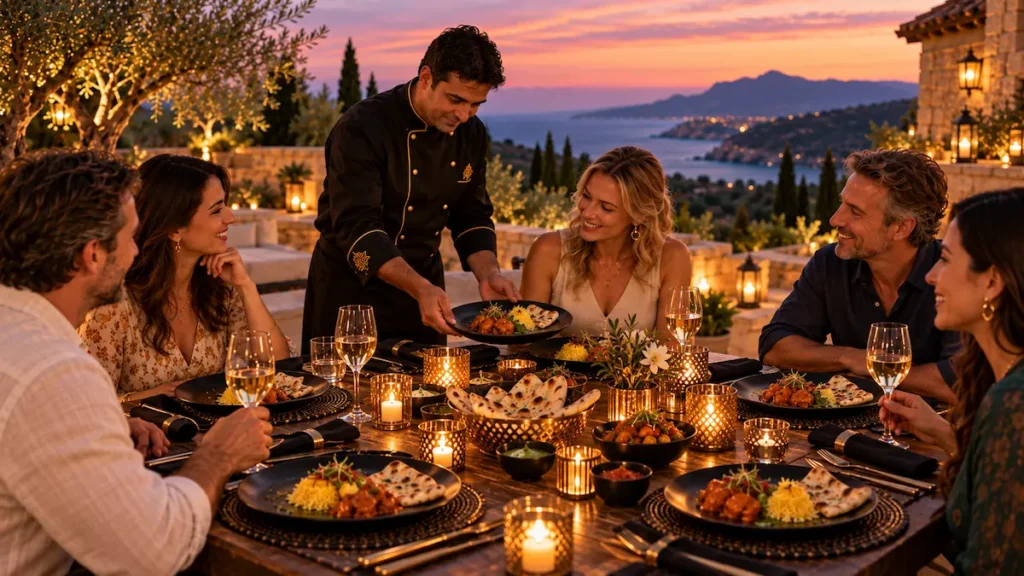 Private chef serving dinner to a group of guests on a finca terrace in Mallorca