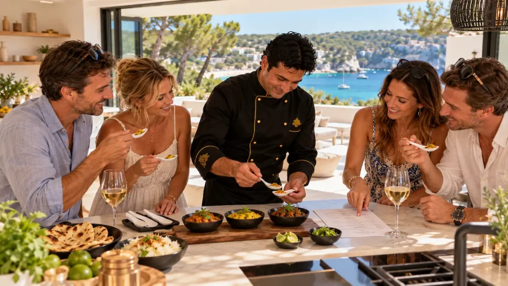 Friends tasting dishes with a private chef to create their own menu in a Cala Galdana villa, Menorca