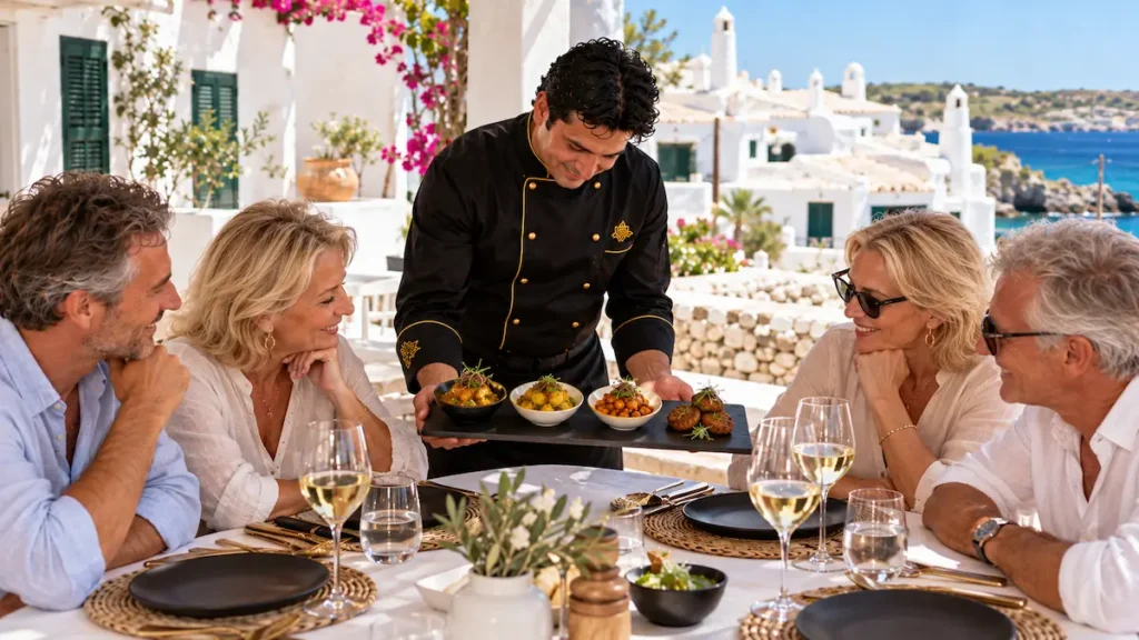 Private chef presenting Indian, Pakistani, Bangladeshi and Nepali dishes to guests in Binibeca, Menorca