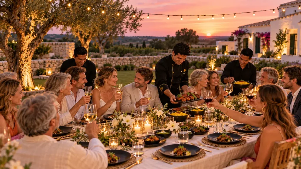 Friends tasting dishes with a private chef to create their own menu in a Cala Galdana villa, Menorca